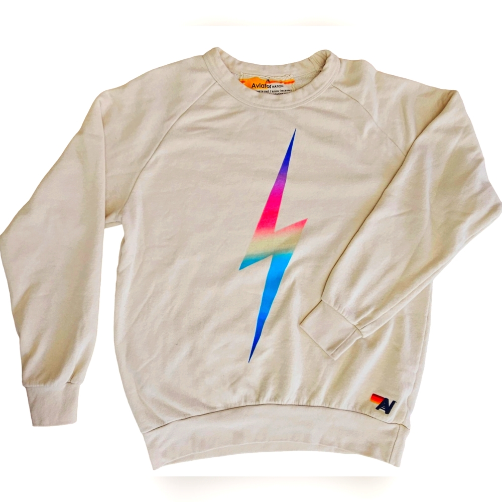 Aviator Nation, Unisex Rainbow Bolt Crew Sweatshirt, Vintage White, Size…
